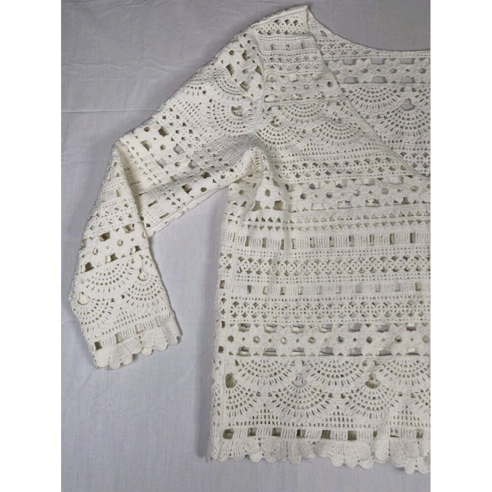 Sezane Top Women's Size Medium White Beige Cotton Long Sleeve Crochet Knit - Picture 6 of 11